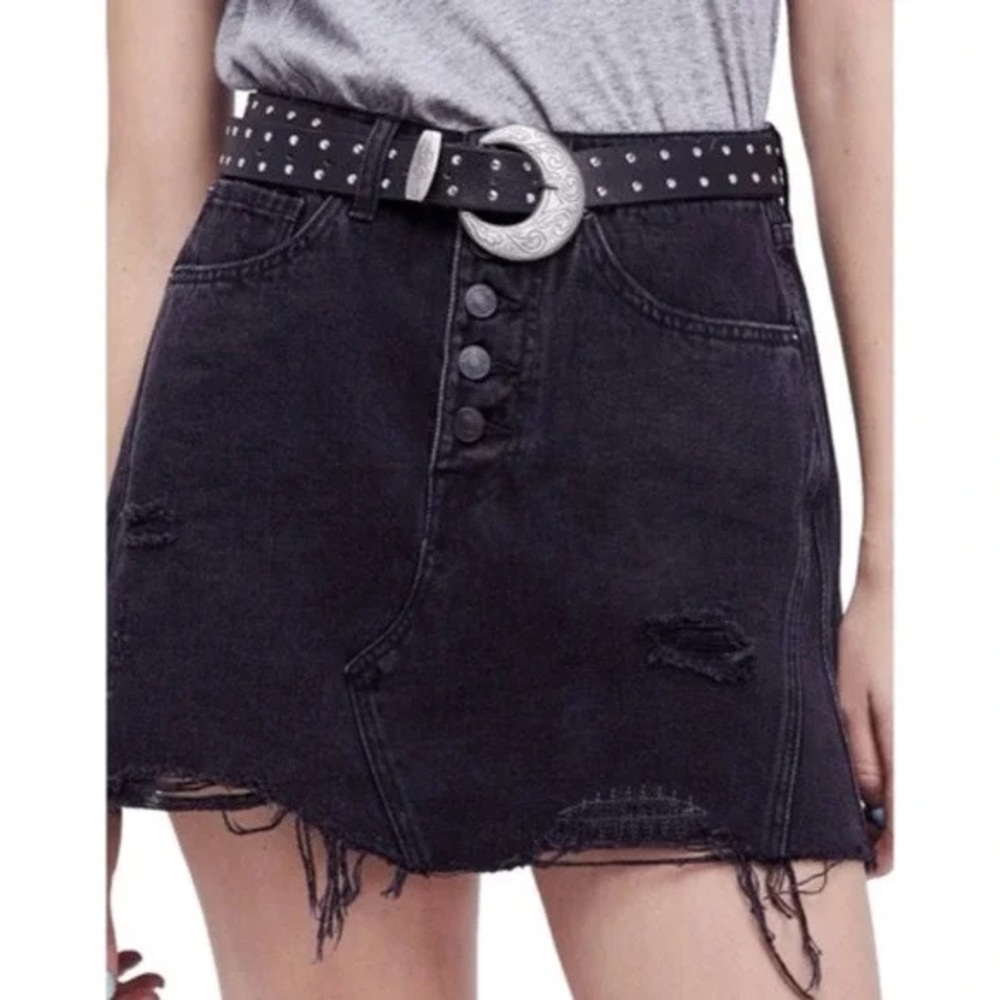 Free People Rainn Black Distressed denim skirt